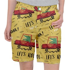 Childish-seamless-pattern-with-dino-driver Women s Pocket Shorts by Simbadda
