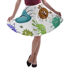 Dangerous-streptococcus-lactobacillus-staphylococcus-others-microbes-cartoon-style-vector-seamless-p A-line Skater Skirt by Simbadda