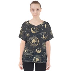 Asian Seamless Pattern With Clouds Moon Sun Stars Vector Collection Oriental Chinese Japanese Korean V-neck Dolman Drape Top by Bangk1t