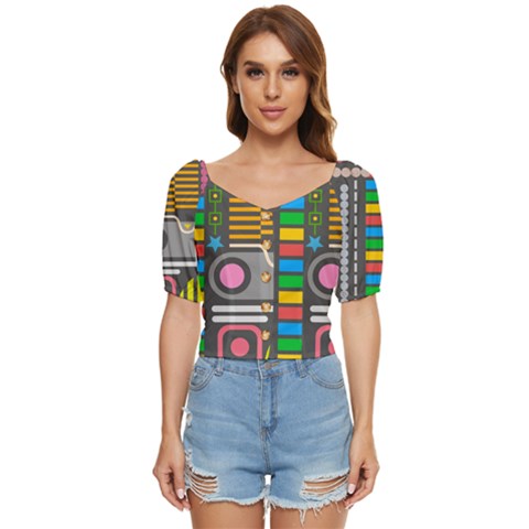 Pattern Geometric Abstract Colorful Arrows Lines Circles Triangles Button Up Blouse by Bangk1t