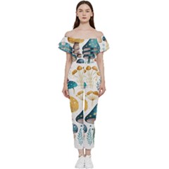 Mushroom Forest Fantasy Flower Nature Bardot Ruffle Jumpsuit by Bangk1t