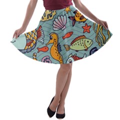 Cartoon Underwater Seamless Pattern With Crab Fish Seahorse Coral Marine Elements A-line Skater Skirt by uniart180623