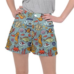 Cartoon Underwater Seamless Pattern With Crab Fish Seahorse Coral Marine Elements Women s Ripstop Shorts by Bedest