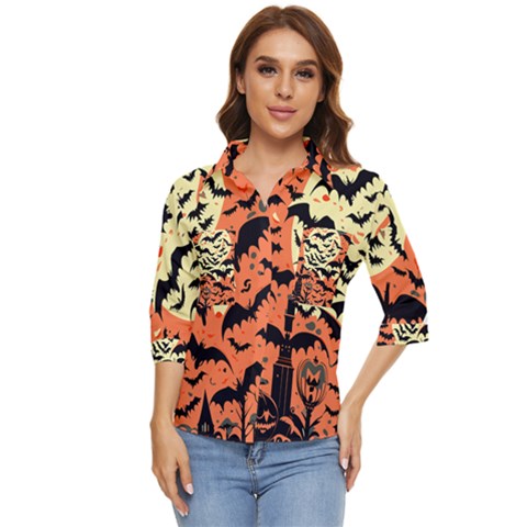 Bat Pattern Women s Quarter Sleeve Pocket Shirt by Valentinaart
