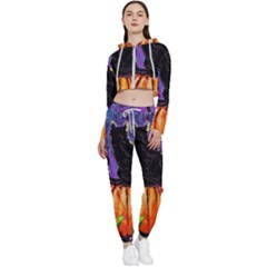 Halloween Art Starry Night Hallows Eve Black Cat Pumpkin Cropped Zip Up Lounge Set by Sarkoni