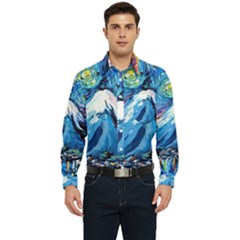 Mount Fuji Art Starry Night Van Gogh Men s Long Sleeve Pocket Shirt 