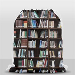 Book Collection In Brown Wooden Bookcases Books Bookshelf Library Drawstring Bag (small) by Ravend