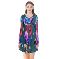 Falling Flowers, Art, Coffee Cup, Colorful, Creative, Cup Long Sleeve V-neck Flare Dress