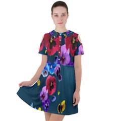 Falling Flowers, Art, Coffee Cup, Colorful, Creative, Cup Short Sleeve Shoulder Cut Out Dress 