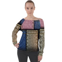 Jeans, Background, Color, Desenho, Shapes, Texture Off Shoulder Long Sleeve Velour Top