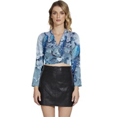 Chinese Style 3d Embossed Blue Peacock Oil Painting Long Sleeve Tie Back Satin Wrap Top by Grandong