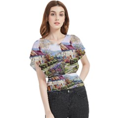 Colorful Cottage River Colorful House Landscape Garden Beautiful Painting Butterfly Chiffon Blouse