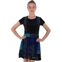 Pixel Art Night City Japan Velvet Suspender Skater Skirt by Sarkoni