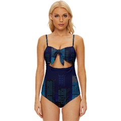 Pixel Art Night City Japan Knot Front One-piece Swimsuit by Sarkoni