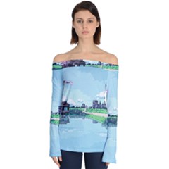 Japanese Themed Pixel Art The Urban And Rural Side Of Japan Off Shoulder Long Sleeve Top