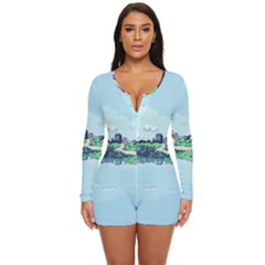 Japanese Themed Pixel Art The Urban And Rural Side Of Japan Long Sleeve Boyleg Swimsuit by Sarkoni