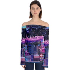 Retro City Pixel Off Shoulder Long Sleeve Top