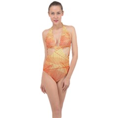 Abstract Texture Of Colorful Bright Pattern Transparent Leaves Orange And Yellow Color Halter Front Plunge Swimsuit by Grandong