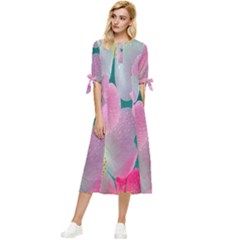 Pink Neon Flowers, Flower Bow Sleeve Chiffon Midi Dress