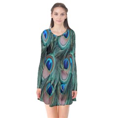 Peacock-feathers,blue2 Long Sleeve V-neck Flare Dress