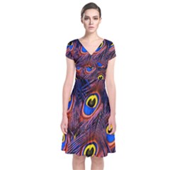 Peacock-feathers,blue,yellow Short Sleeve Front Wrap Dress