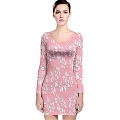Pink Texture With White Flowers, Pink Floral Background Long Sleeve Velvet Bodycon Dress