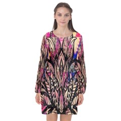 Aztec Flower Galaxy Long Sleeve Chiffon Shift Dress 