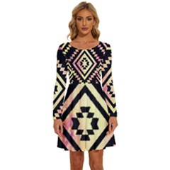Cute Neon Aztec Galaxy Long Sleeve Wide Neck Velvet Dress