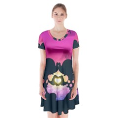Mickey And Minnie, Mouse, Disney, Cartoon, Love Short Sleeve V-neck Flare Dress