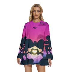 Mickey And Minnie, Mouse, Disney, Cartoon, Love Round Neck Long Sleeve Bohemian Style Chiffon Mini Dress