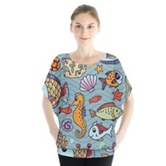 Cartoon Underwater Seamless Pattern With Crab Fish Seahorse Coral Marine Elements Batwing Chiffon Blouse