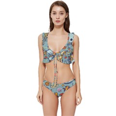 Cartoon Underwater Seamless Pattern With Crab Fish Seahorse Coral Marine Elements Low Cut Ruffle Edge Bikini Set by uniart180623