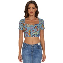 Cartoon Underwater Seamless Pattern With Crab Fish Seahorse Coral Marine Elements Short Sleeve Square Neckline Crop Top 