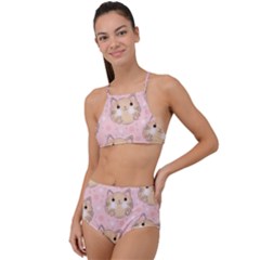 Cat Pattern Pink Cartoon Halter Tankini Set