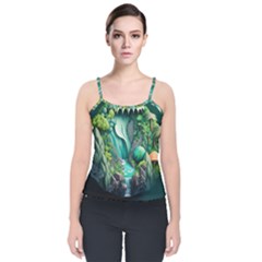 Waterfall Jungle Nature Paper Craft Trees Tropical Velvet Spaghetti Strap Top