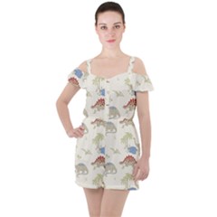 Dinosaur Art Pattern Ruffle Cut Out Chiffon Playsuit by Ket1n9