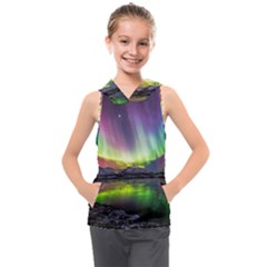 Aurora Borealis Polar Northern Lights Natural Phenomenon North Night Mountains Kids  Sleeveless Hoodie by Grandong