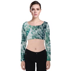 Blue Ocean Waves Velvet Long Sleeve Crop Top by Jack14