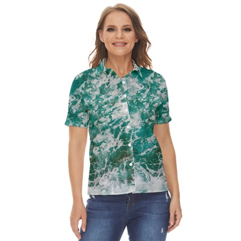 Blue Ocean Waves 2 Women s Short Sleeve Double Pocket Shirt by Jack14