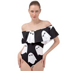 Ghost Halloween Pattern Off Shoulder Velour Bodysuit  by Amaryn4rt