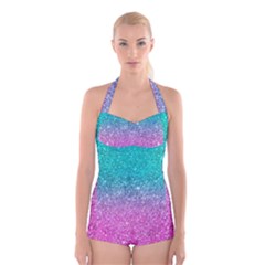 Pink And Turquoise Glitter Boyleg Halter Swimsuit  by Sarkoni