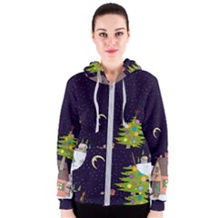 House Tree Man Moon Night Stars Women s Zipper Hoodie by Pakjumat