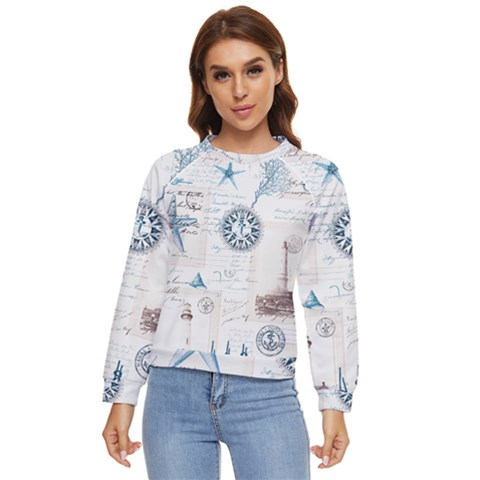 Nautical Lighthouse Vintage Postcard French Writing Women s Long Sleeve Raglan T-shirt by Pakjumat