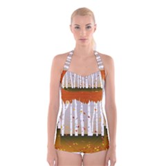 Birch Trees Fall Autumn Leaves Boyleg Halter Swimsuit 