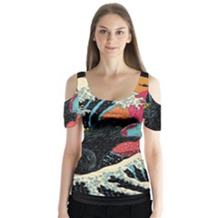 Retro Wave Kaiju Godzilla Japanese Pop Art Style Butterfly Sleeve Cutout T-shirt 