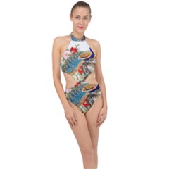 Birds Peacock Artistic Colorful Flower Painting Halter Side Cut Swimsuit by Sarkoni