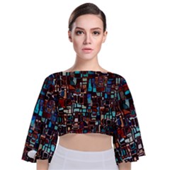 Stained Glass Mosaic Abstract Tie Back Butterfly Sleeve Chiffon Top by Sarkoni