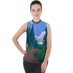 Adventure Time Cartoon Pathway Mock Neck Chiffon Sleeveless Top by Sarkoni