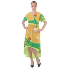 Green Field Illustration Adventure Time Multi Colored Front Wrap High Low Dress by Sarkoni