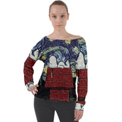 Cartoon Dog House Van Gogh Off Shoulder Long Sleeve Velour Top by Modalart